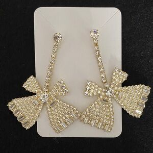Glass & Rhinestones Large Bow Dangle Earrings in Gold Tone
